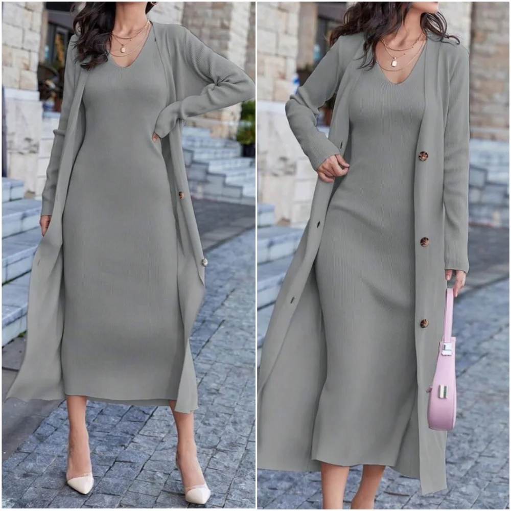 Classic Sleeveless Midi Dress Button Down Long Cardigan Set - Picture 8 of 11